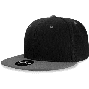 A black snapback cap with a grey peak, featuring a branded logo on the front.