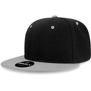 A black youth snapback cap with a grey brim, featuring a structured high profile design and a logo on the front.