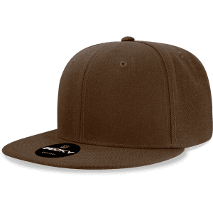 A brown high profile structured snapback cap with a flat brim and a logo on the front.