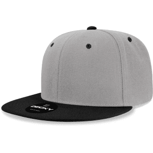 A grey high profile structured snapback cap with a black flat peak and a logo on the front.