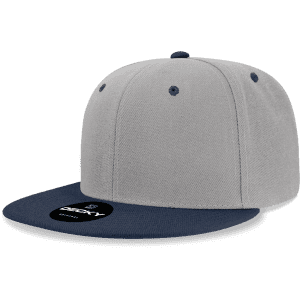 A snapback cap featuring a grey body and navy blue peak. It has a structured, high-profile design and a logo.