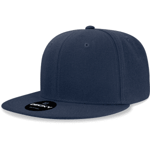A navy blue structured snapback cap with a high profile and a logo on the front.