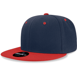 A navy and red high-profile structured snapback cap with a flat brim and a logo on the front.
