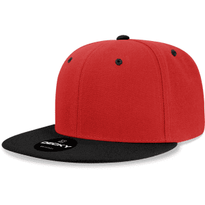 A red and black high-profile structured snapback cap with a branding logo on the front.