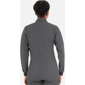 A women's hi collar warm-up jacket in grey, featuring long sleeves and a simple design with a logo.