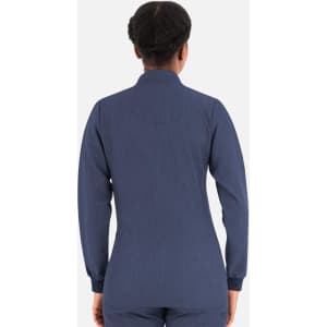 A women's warm-up jacket in navy blue with a high collar and long sleeves, featuring a logo on the back.