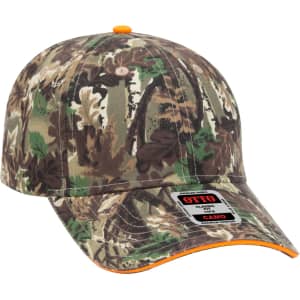 A camo-patterned 6-panel baseball cap featuring an orange accent and a logo on the front.
