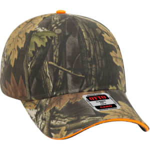 A camouflage 6-panel baseball cap with an orange accent and a logo on the front.