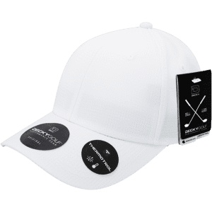 A white cap with a structured design, featuring branding and two round tags.