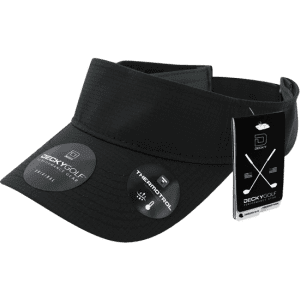 A black sun visor with a wide brim and tags, featuring a logo and branding.