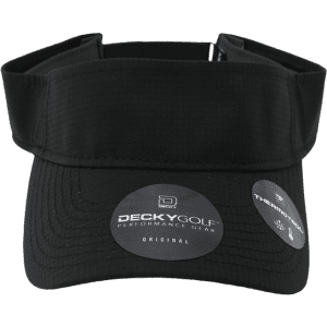 A black sun visor with a textured pattern and a logo patch. It features an adjustable strap at the back.