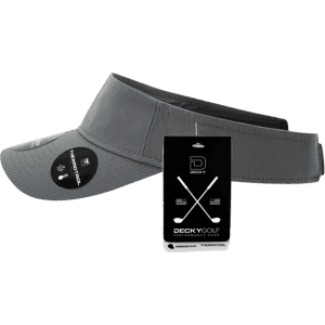 A grey sun visor with a logo, featuring an adjustable strap and a tag attached.