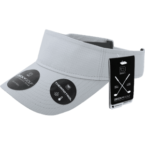 A light grey sun visor with a branded logo and tags, featuring a structured design and adjustable strap.