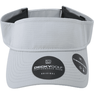A grey sun visor with a wide brim, featuring a logo and two stickers on its front.