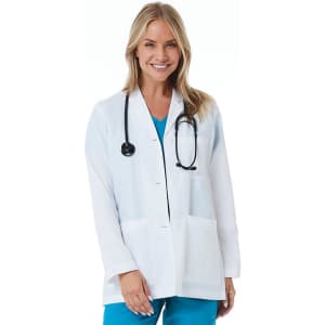 A white women's lab coat worn by a smiling model, featuring a stethoscope and two front pockets.