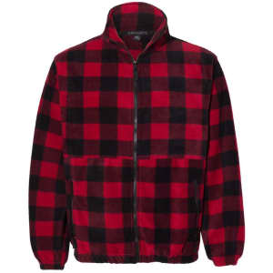 A red and black checkered full zip polar fleece jacket with two front pockets and a collar. Features a logo.