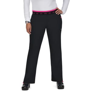 Black pants with a pink waistband, featuring pockets and a logo on the waistband.