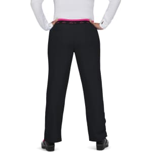 A pair of black pants with a pink waistband, viewed from the back, featuring a logo.