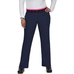 Navy pants with a pink accent waistband and a side pocket, featuring a logo on the waistband.