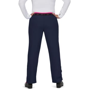 A pair of navy blue pants featuring a pink waistband, viewed from the back. The pants have a brand logo.