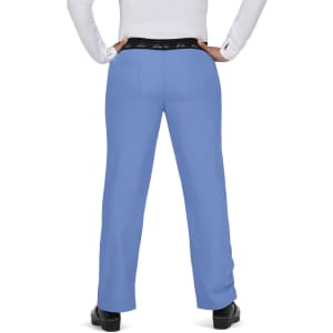 A pair of blue pants featuring a black waistband and two back pockets. The pants have a logo on the waistband.