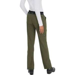 Olive green pants with a black waistband and a logo, featuring a pocket and a back view of the design.