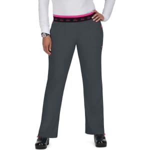 A pair of grey Spirit Pants with a pink elastic waistband and pockets, featuring a logo.