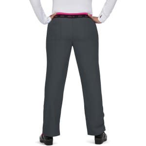 A pair of grey pants with a pink waistband, featuring two back pockets and a logo on the waistband.