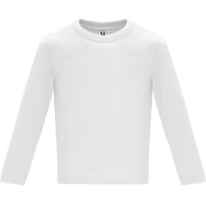A white long-sleeved youth t-shirt featuring a crew neck design. Includes a small logo on the collar.