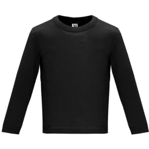 A black long-sleeved t-shirt for infants, featuring a logo on the collar area.