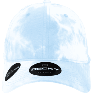 A light blue tie-dye dad hat with a low profile, featuring a logo on the front.