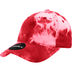A red and pink tie-dye 6 panel low profile dad hat with a logo on the front.