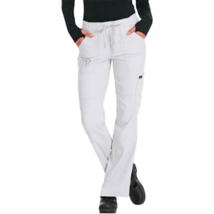 A pair of white pants with a drawstring waist and side pockets, featuring a logo on the fabric.