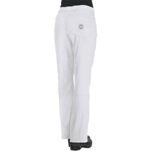 White pants with a back pocket, featuring a logo on the pocket. The trousers have a relaxed fit.