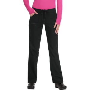 A pair of black pants featuring pockets, a drawstring waist, and a fitted design. There is a logo present.