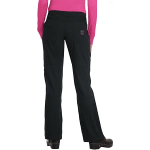 A pair of black pants with a fitted waist, featuring pockets and a logo on the back.