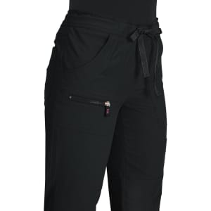 Black trousers featuring pockets and a drawstring waist, with a small logo on the side.