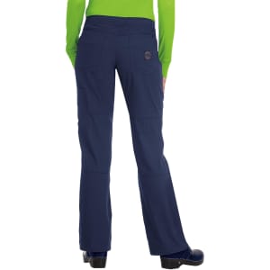 A pair of dark navy pants with a fitted waist and multiple pockets, featuring a logo on the back.