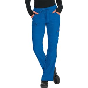 Blue pants with a relaxed fit, featuring pockets on both sides and a drawstring waist.