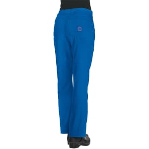 Bright blue pants with a straight-leg design and a rear pocket, featuring a logo on the back.