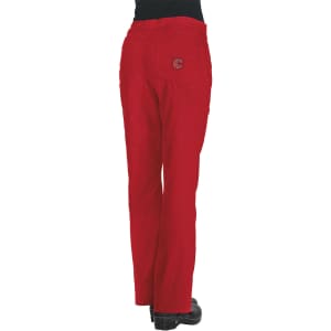 Red trousers with a logo on the back pocket, viewed from the rear.