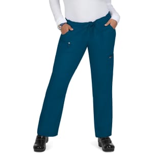 A pair of teal blue pants with a drawstring waist and pockets, featuring a logo on them.