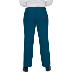 A pair of teal pants with a logo on the back pocket, viewed from the rear.