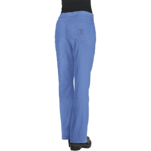 A pair of blue pants with a back pocket and a branding logo. The pants have a relaxed fit design.