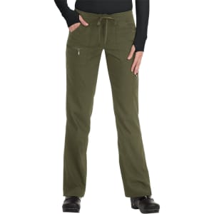 Olive green pants with a relaxed fit, featuring pockets and a drawstring waist, along with a logo.