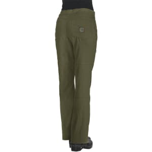 A pair of olive green pants with a back pocket and a logo. The pants are straight legged with a relaxed fit.