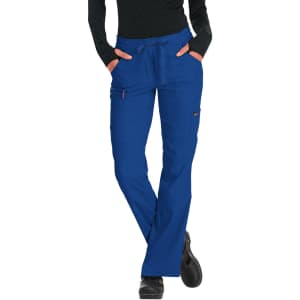A pair of blue medical scrubs with an elastic waistband and pockets. Featuring a logo on the side.