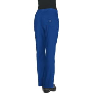 A pair of blue pants with a logo, featuring a relaxed fit and rear pockets.