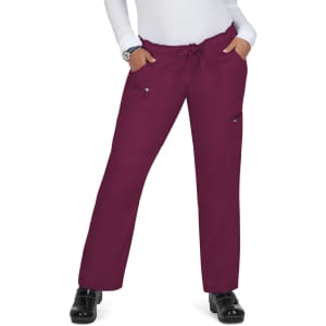 A pair of wine-coloured pants with pockets and a drawstring waistband, featuring a logo on the side.