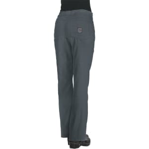 A pair of grey pants with a back pocket and a logo on the waistband.
